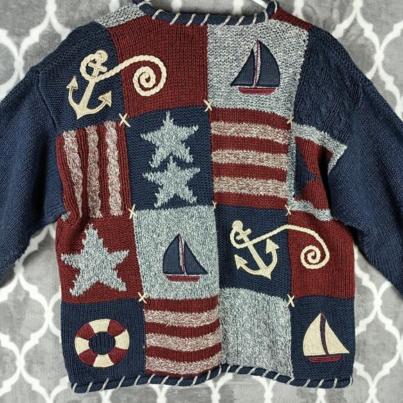 PBJ Sport Sweater Womens Small Nautical Red Blue Anchor Sailboat Stars Patchwork - Picture 5 of 10